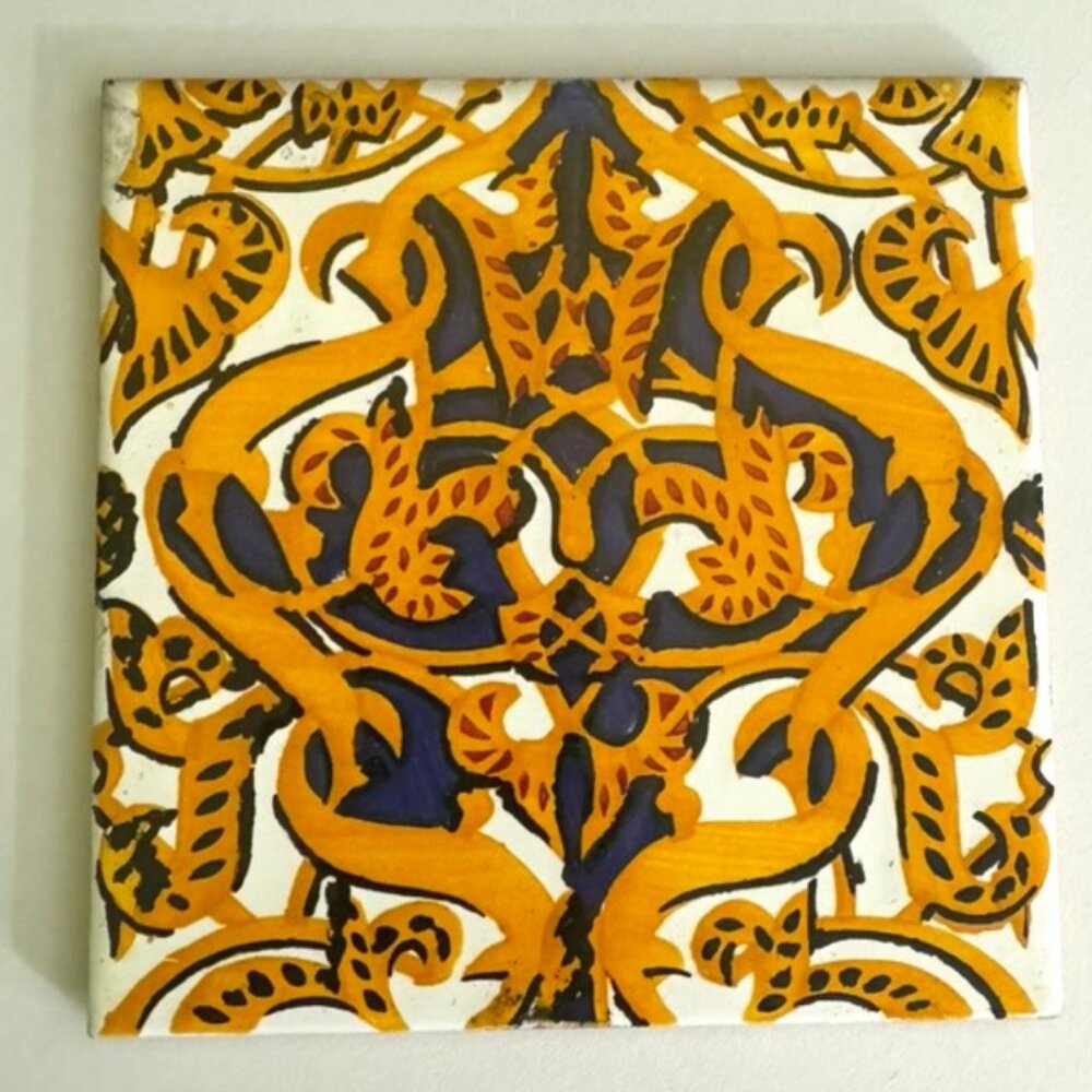 Vintage Maurice Duchin Art Tile / Trivet-Blue, Gold, White Abstract Design Spain